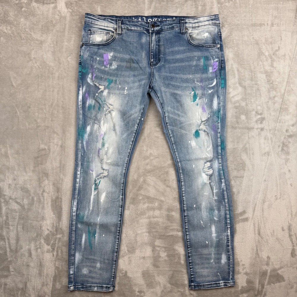 Kilogram Mens 40 Distressed Paint Splatter Skinny Jeans Light Wash Blue Ripped